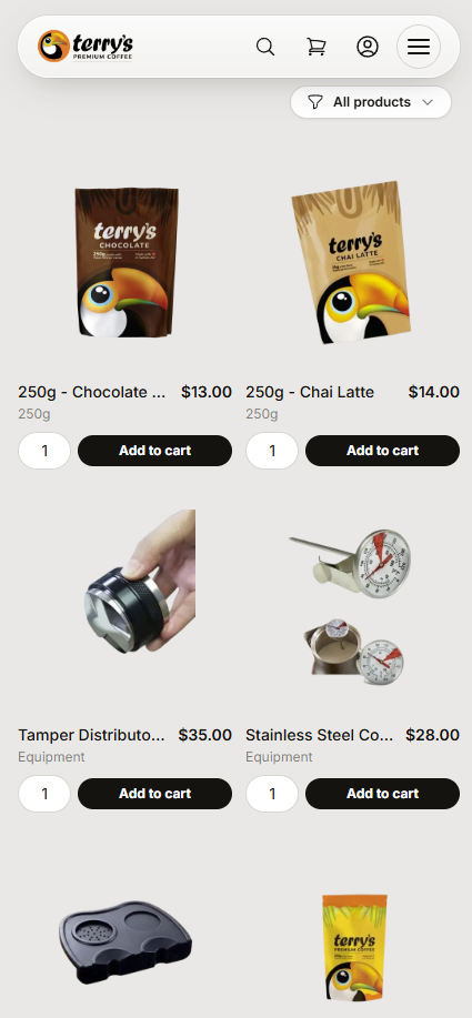 Terry's Premium Coffee mobile shop showing a product grid with prices, quantities and add to cart buttons